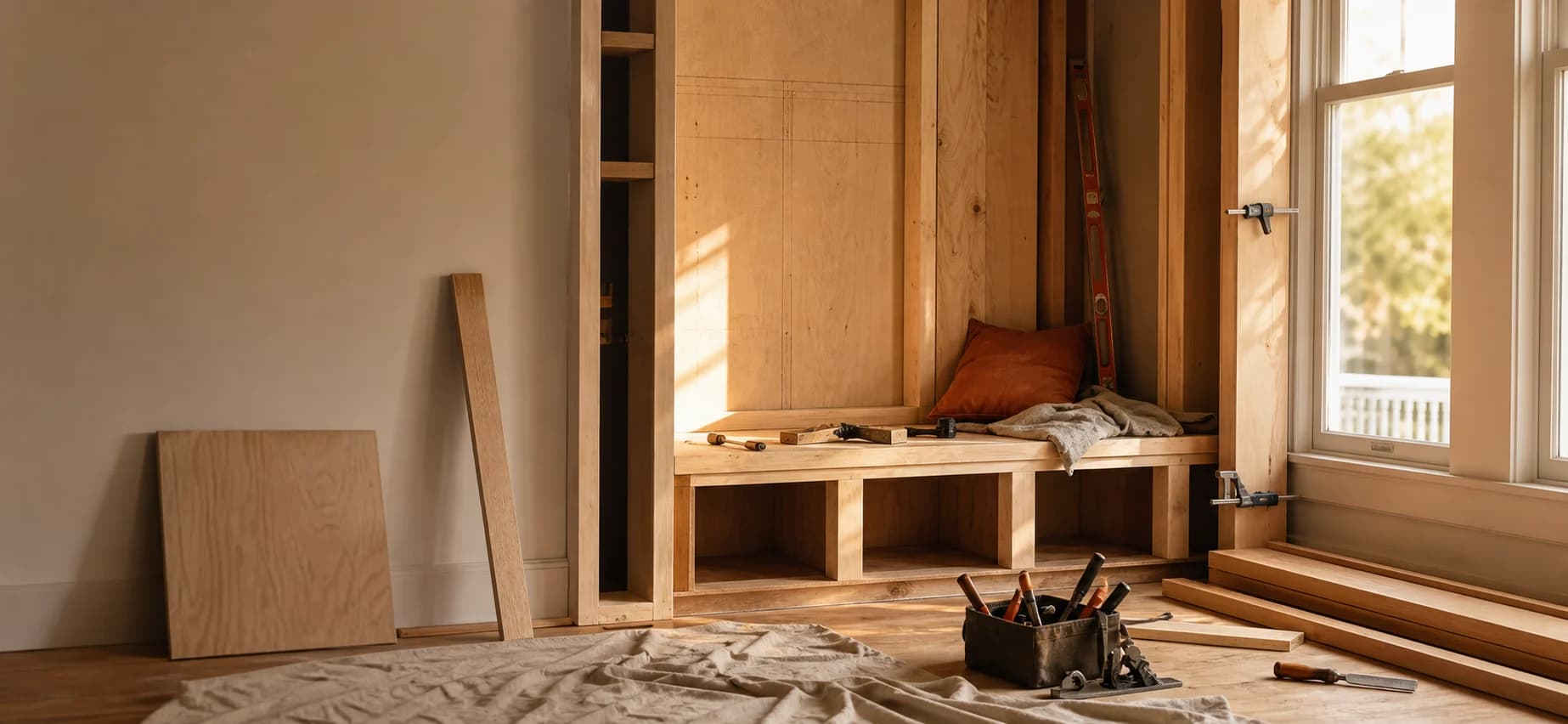 A warm DIY reading nook taking shape with exposed wood framing and hand tools